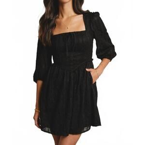 NEW FORTE textured lace puff sleeve mini dress in black